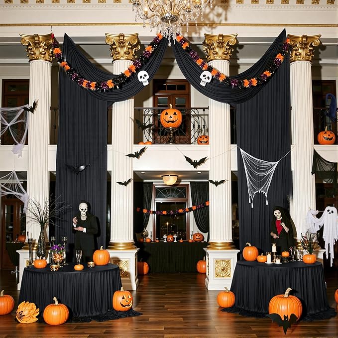 PartyVillage 10ft×15ft Black Backdrop Curtain for Halloween Parties, 2 Panels...