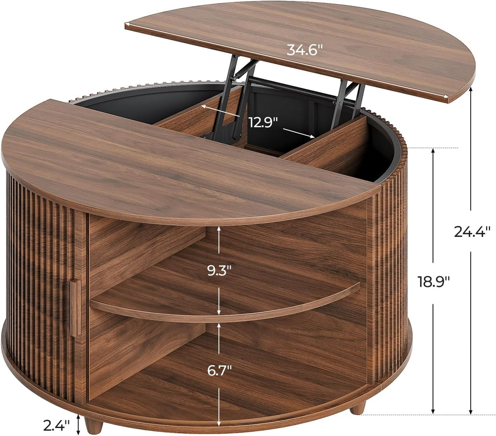 Round Lift Top Coffee Table, 34.6" Modern Coffee Table with 180° Curved ...