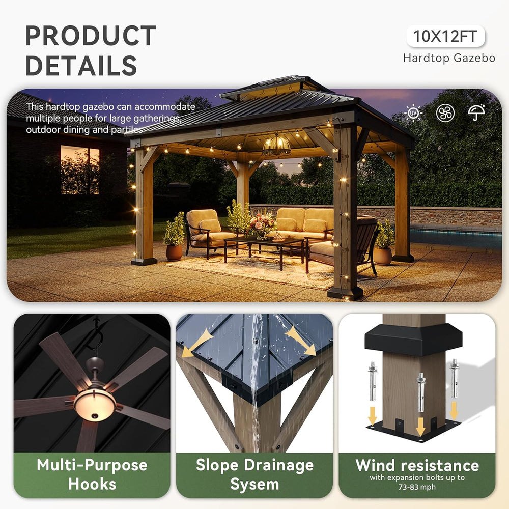 Aoxun 10' x 12' Outdoor Wood Gazebo, Hardtop Gazebo