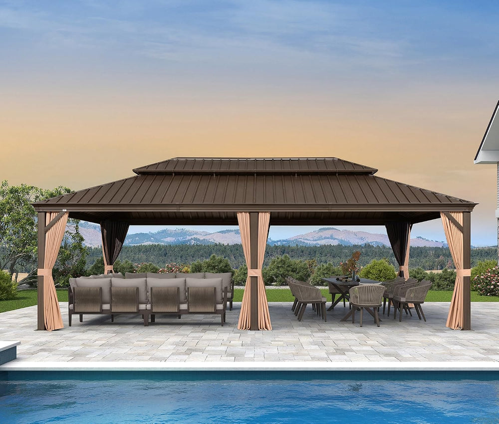 PURPLE LEAF Patio Hardtop Gazebo 14' x 24' Bronze Frame Double Roof K...