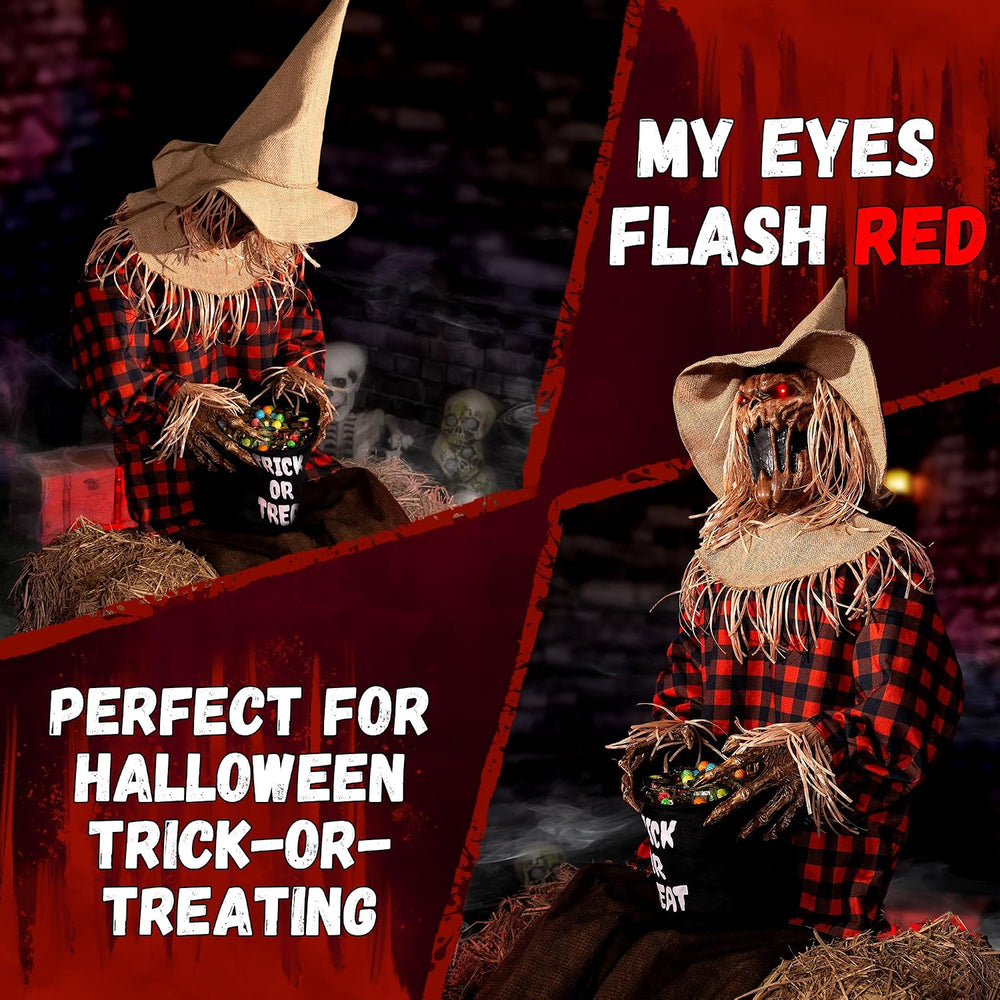 Halloween Animatronics Decorations Scary Sitting Scarecrow with Candy Bag, 55...
