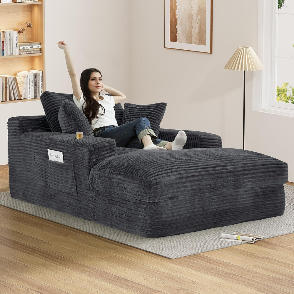 75.9"D Oversized Chaise Lounge Chair Indoor with Cup Holders,Dark Grey