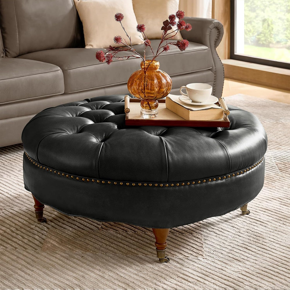 HULALA HOME 40" Genuine Leather Coffee Table with Rolling Wheels, Black