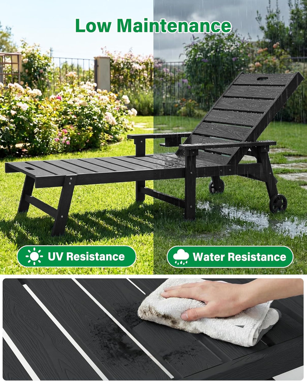 YEFU Lounge Chair Outdoor Set of 2, HIPS Chaise Lounge Outdoor, Black