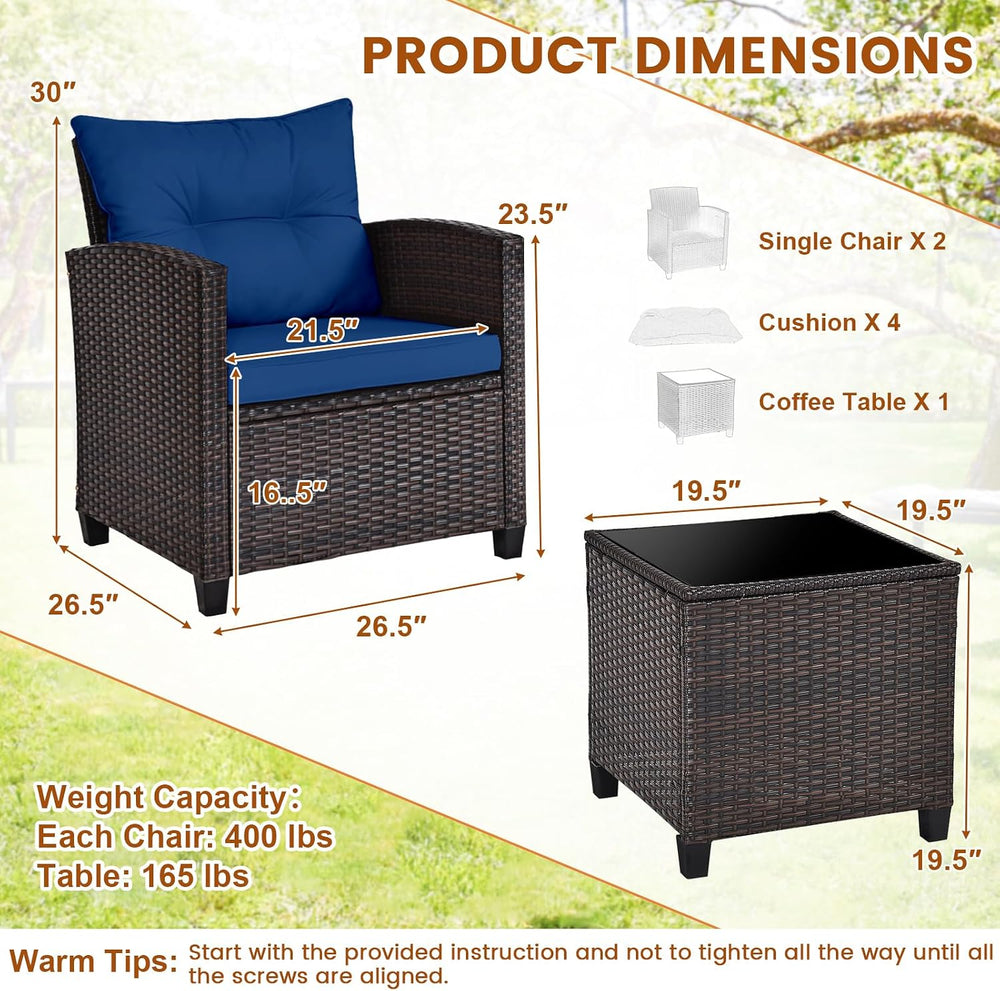 ORALNER 3 Pieces Patio Furniture Set, Outdoor Wicker Bistro Set (Navy)
