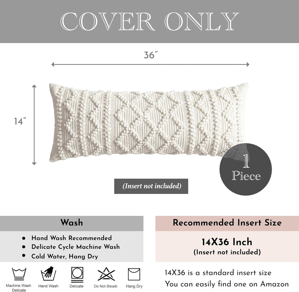 BlissBlush Pure White Decorative Lumbar Pillow Cover 14x36, Boho Long Throw P...