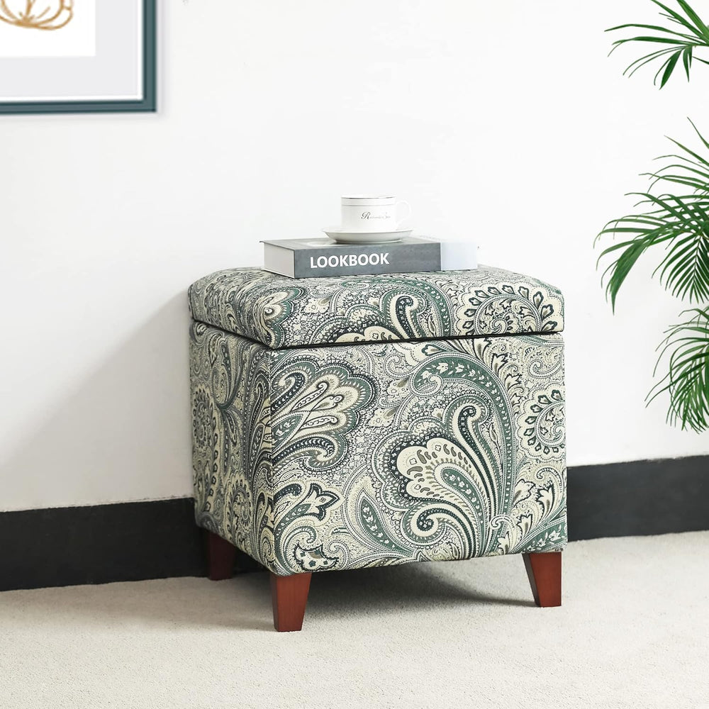 Adeco 18" Cube Storage Ottoman in Blue Paisley, Upholstered Linen Foot S...