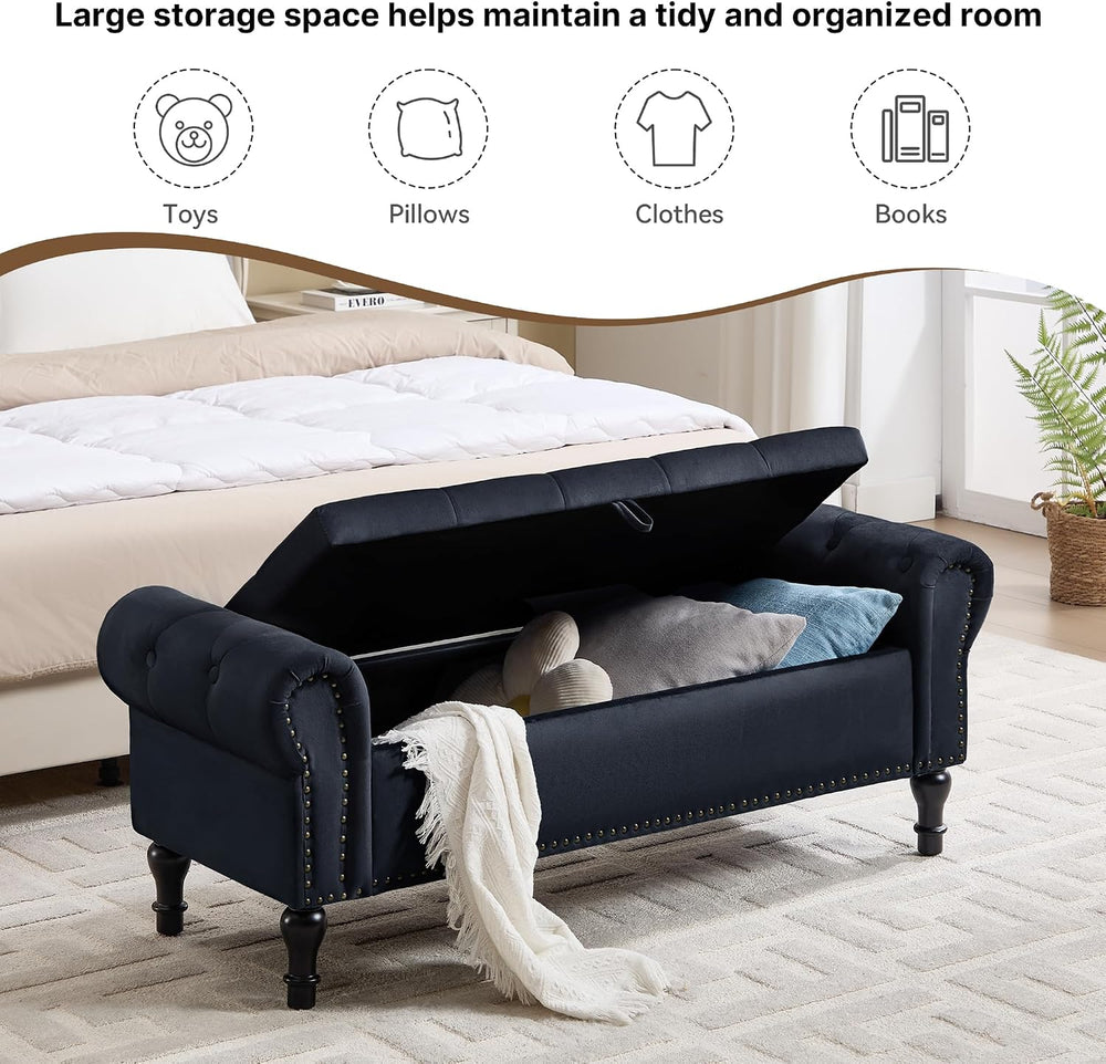 Storage Bench for Bedroom, 51" Upholstered End of Bed Bench, Velvet Quee...