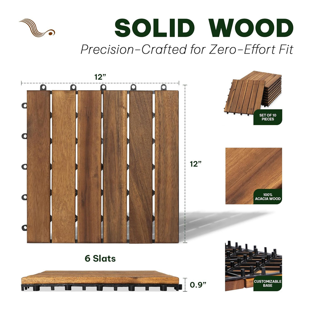 Acacia Interlocking Deck Tiles, 10 PCS Wood Flooring, 6 Slats, Honey Oak