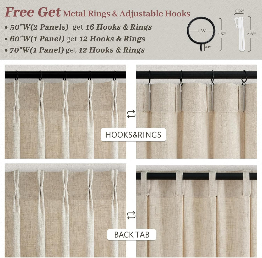 Pinch Pleated Semi Sheer Natural Linen Curtains 96 Inches Long for Living Roo...