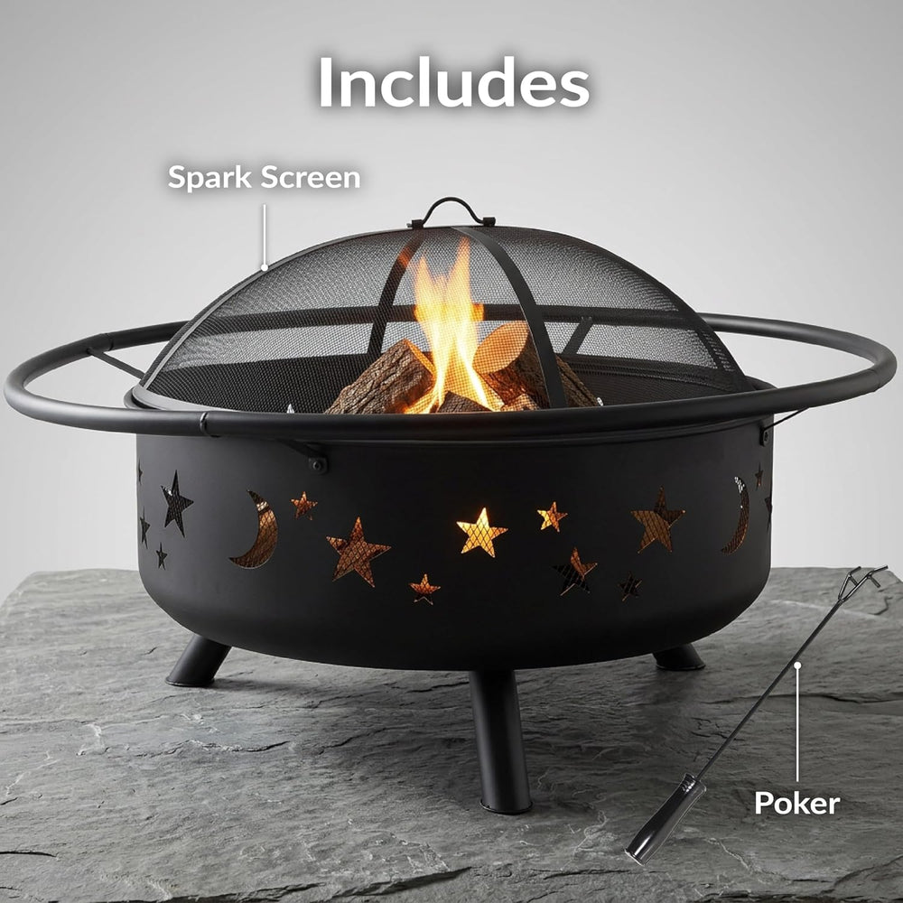 Sunnydaze Cosmic 42" Large Fire Pit for Outside Wood Burning, Round, Metal