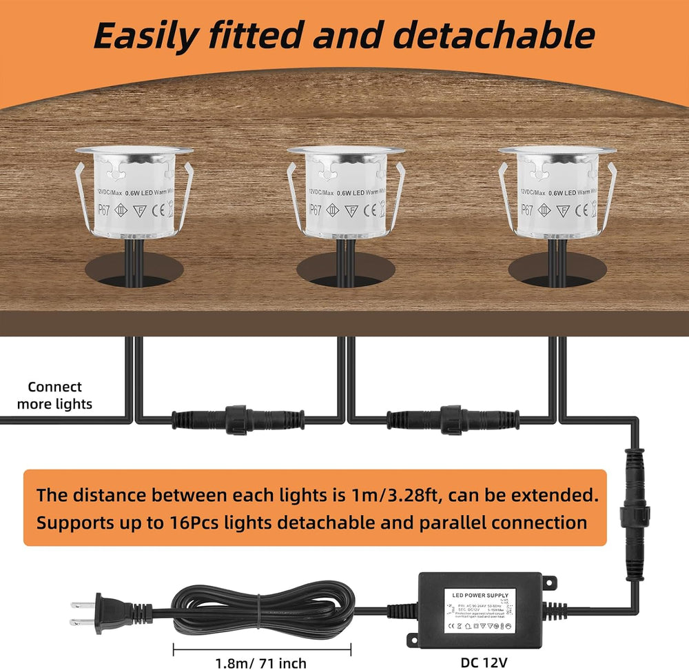 16 Pack Recessed LED Deck Light Kits, 32mm Warm White, IP67 Waterproof 12V Lo...