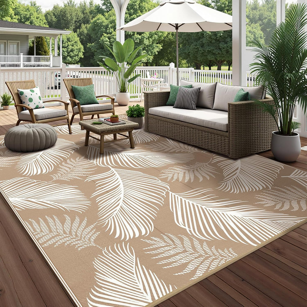 Pauwer Waterproof Outdoor Rug 9x12, Plastic Straw Patio Rug, Leaf Brown