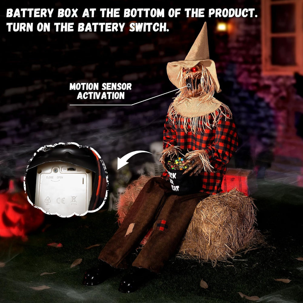 Halloween Animatronics Decorations Scary Sitting Scarecrow with Candy Bag, 55...