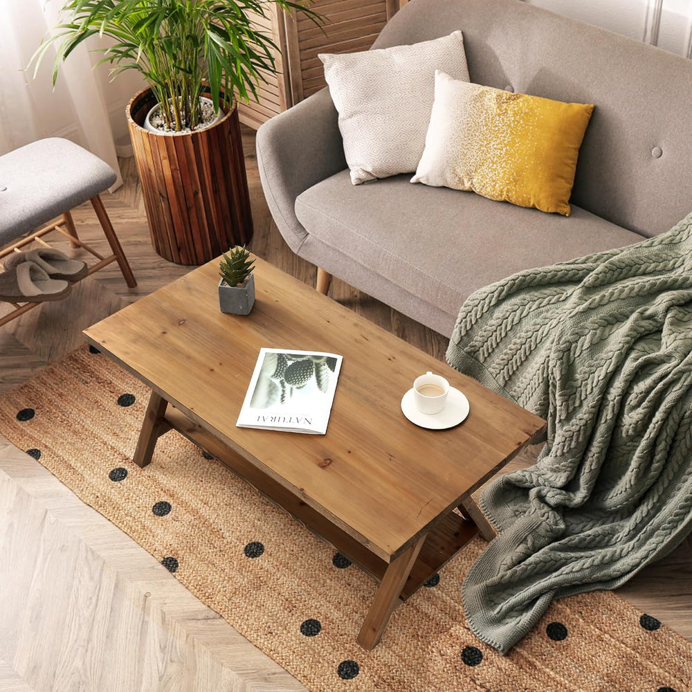 HOKYHOKY Solid Wood Coffee Table - 42.5” Firwood Farmhouse Rustic Wooden Coff...