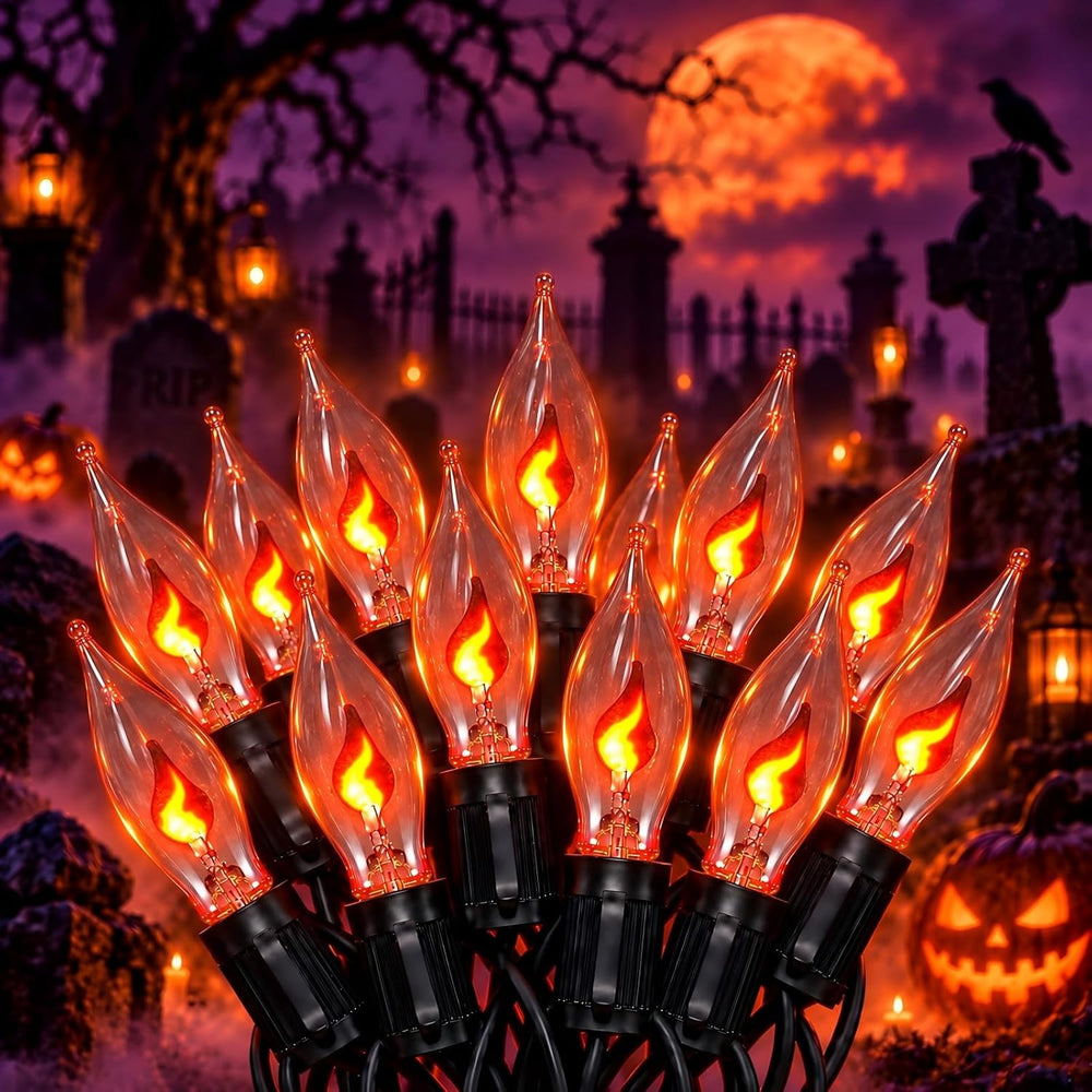 25Ft C18 Flickering Flame String Lights, Outdoor Halloween Decorations