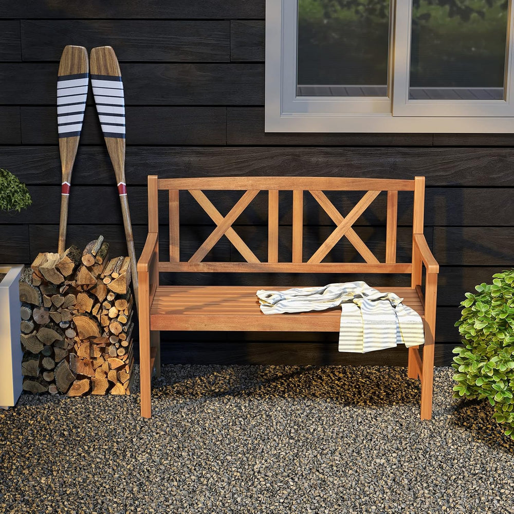 Giantex Patio Garden Bench Loveseat - 2-Person Acacia Wood Bench with Armrest...