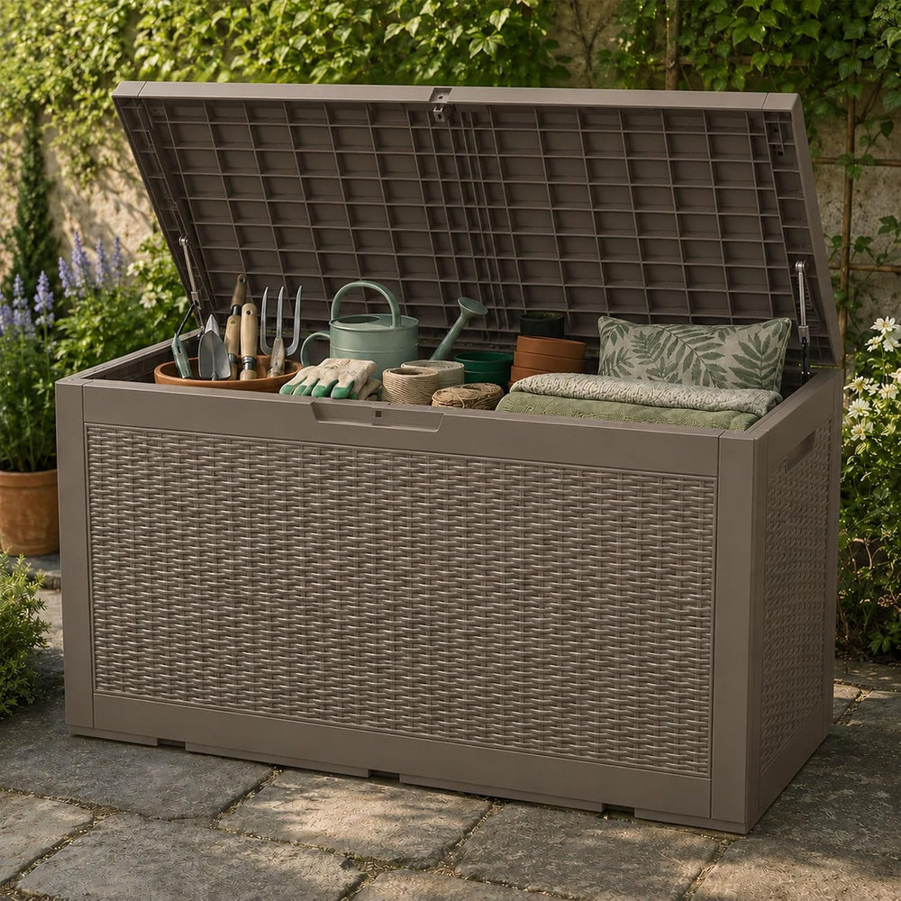 Outdoor Storage Box Resin Deck Box Waterproof BrownWicker 126 Gallon