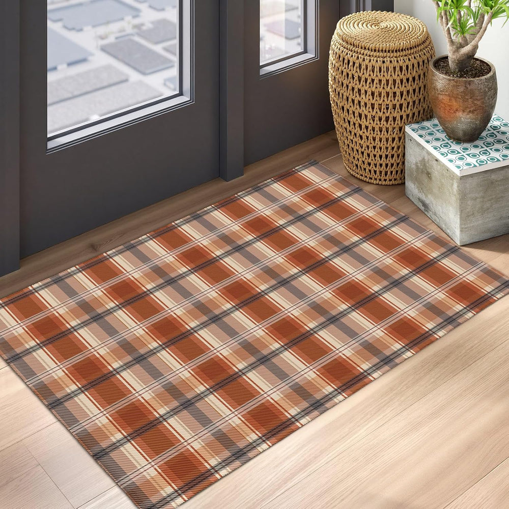 Fall Plaid Doormat Autumn Burnt Orange Buffalo Check Area Rugs 2x3 Farmhouse ...