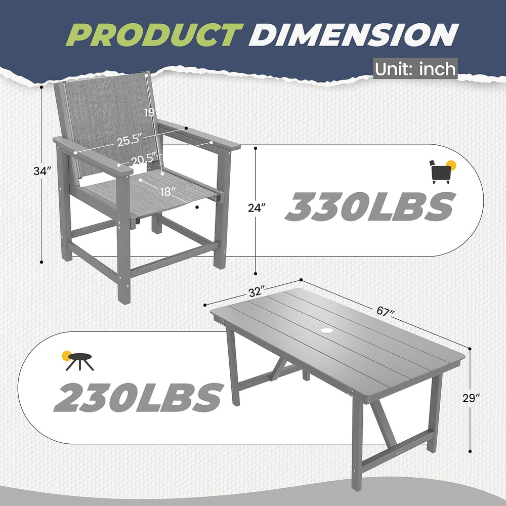 7 Pcs HDPE Outdoor Dining Set for 6 Patio Umbrella Hole Table and Chair Set