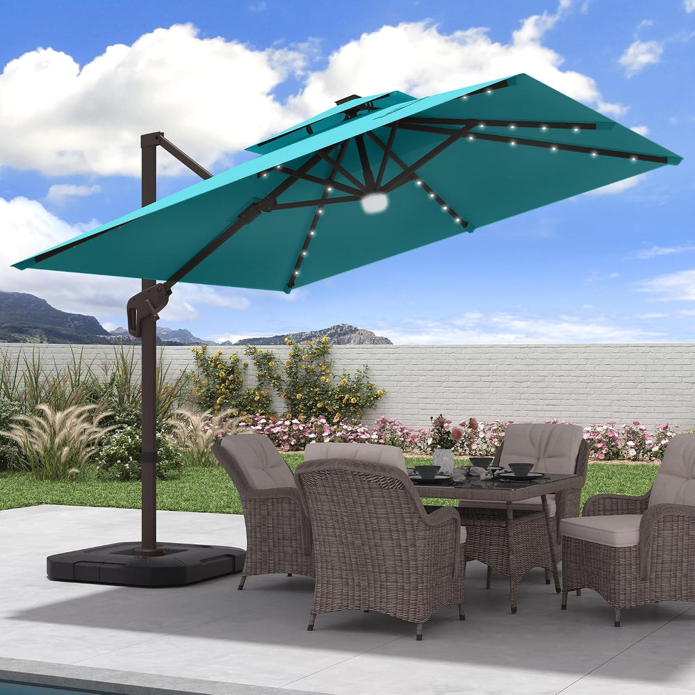 9x9 FT Cantilever Offset Patio Umbrella with Lights & Base