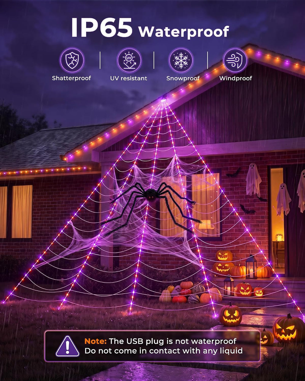 Brightown Halloween Decorations Outdoor, 255-LED Giant Spider Web Lights
