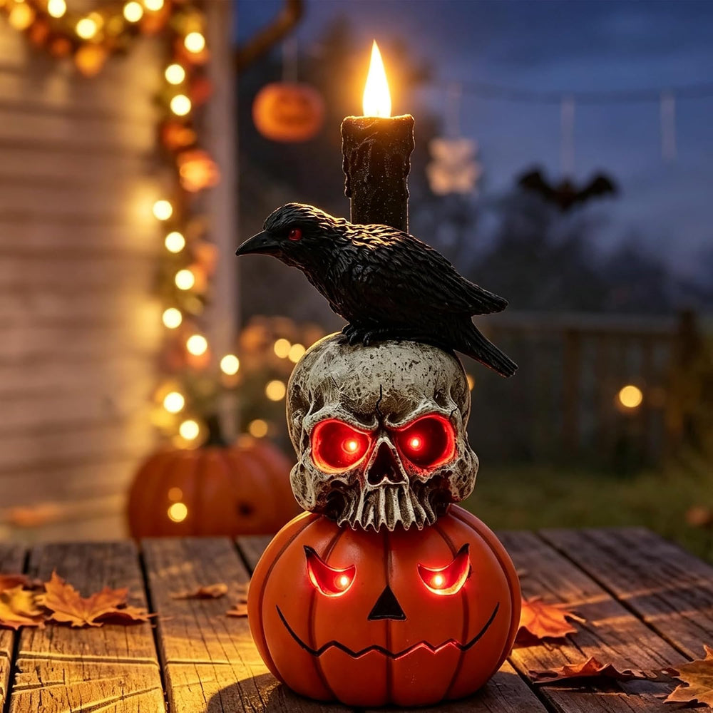 Halloween Pumpkin Skull Resin Statue 14in Gothic Crow Candle Decor