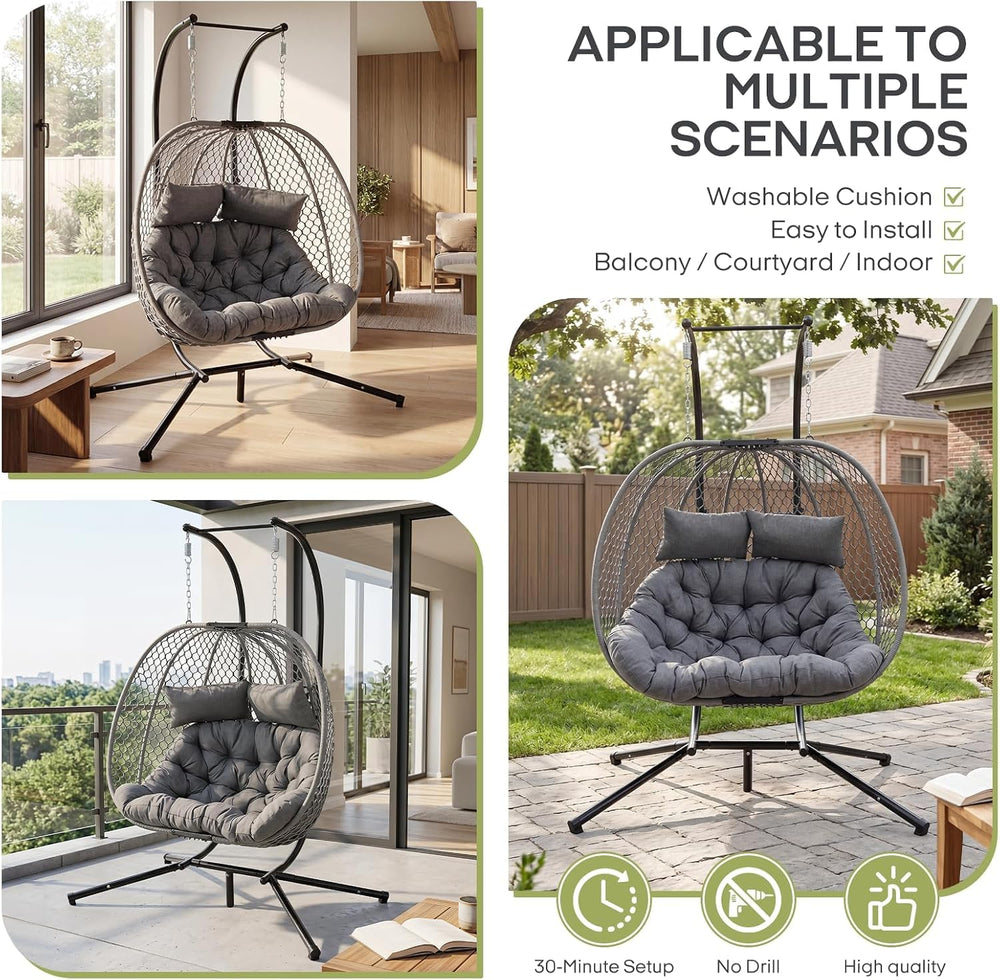 Double Egg Chair with Stand for 2 Persons, Oversized Patio Hanging Basket Cha...