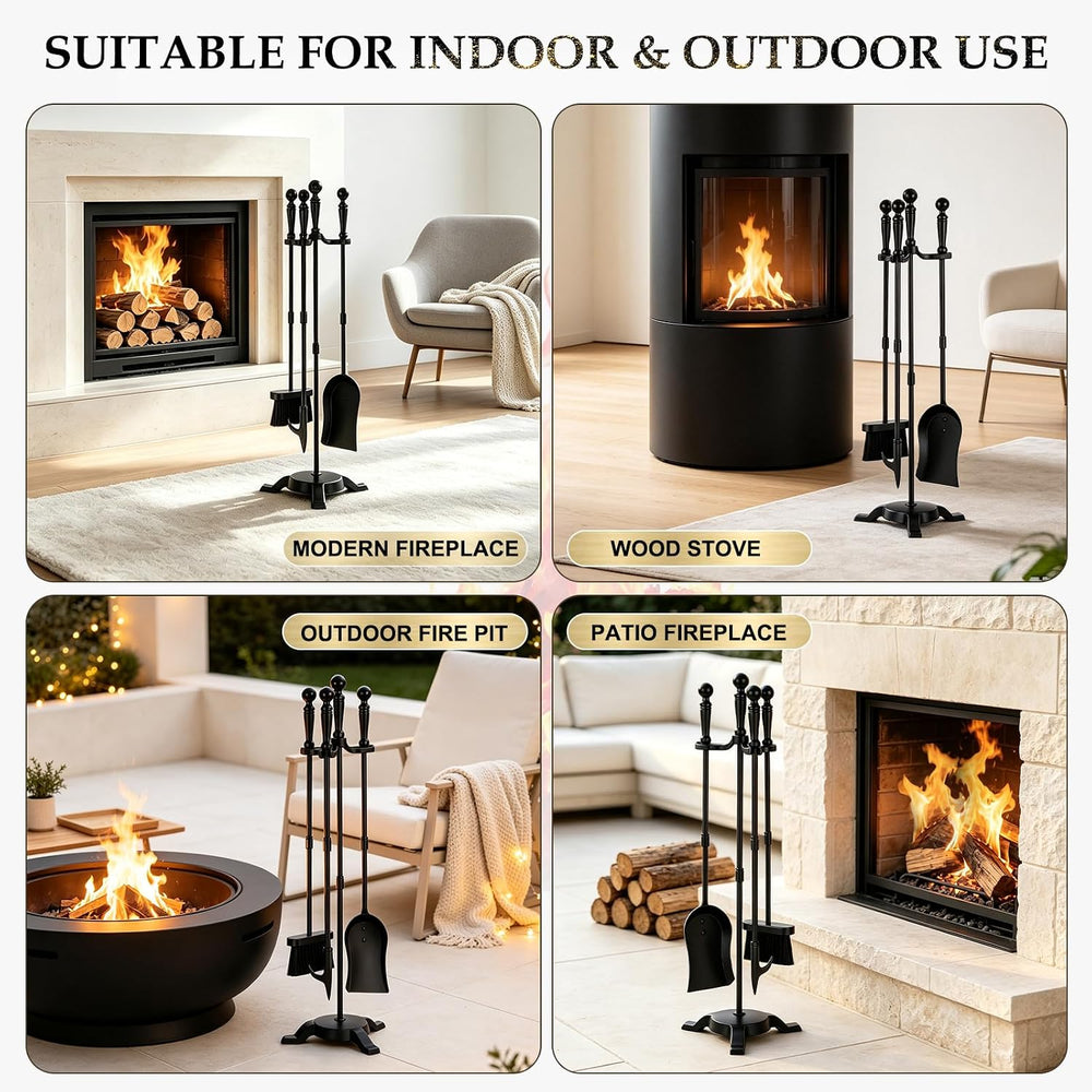 FEED GARDEN 4-Piece Fireplace Tool Set with Stand, 30In Wrought Iron, Black