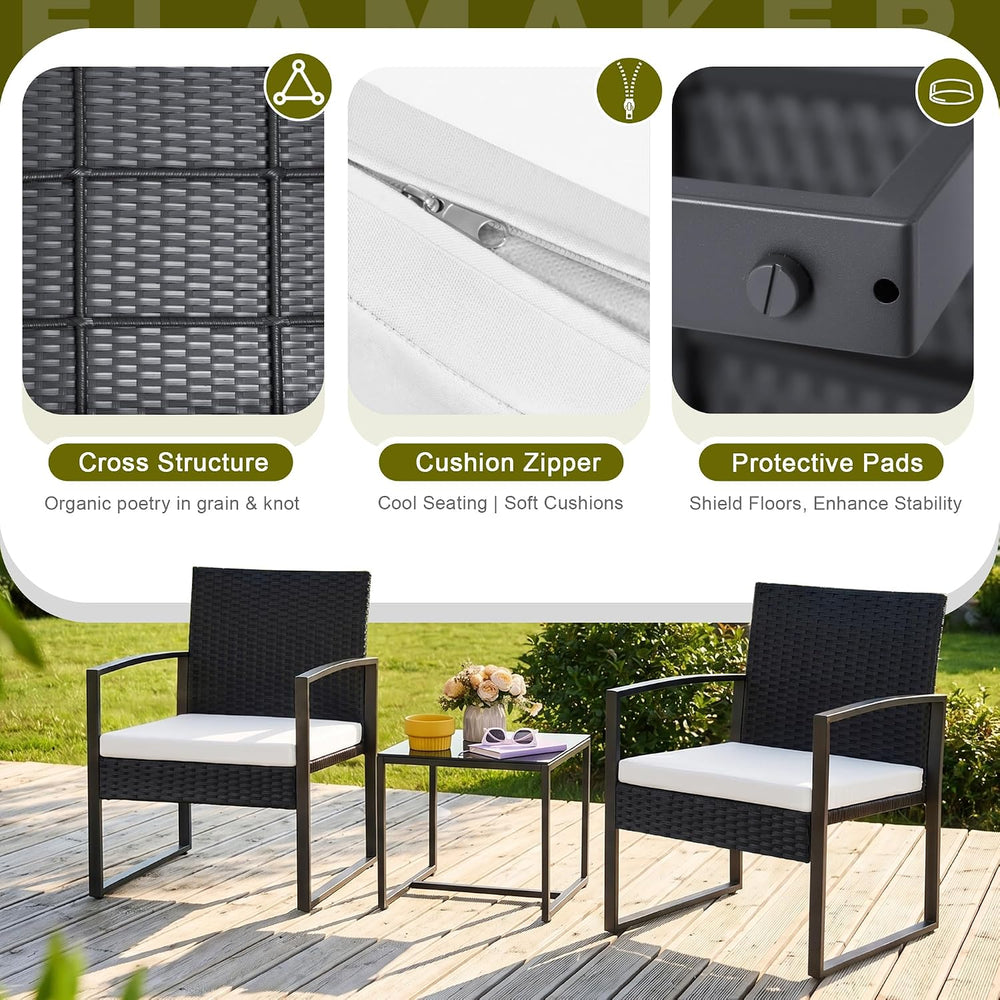 Flamaker 3 Pieces Patio Furniture Set Outdoor Wicker Bistro Chair (White)