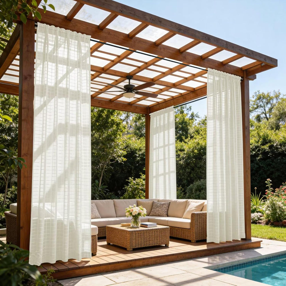 4 Panels Outdoor Sheer Curtains for Patio, Jacquard Check Curtains for Patio ...