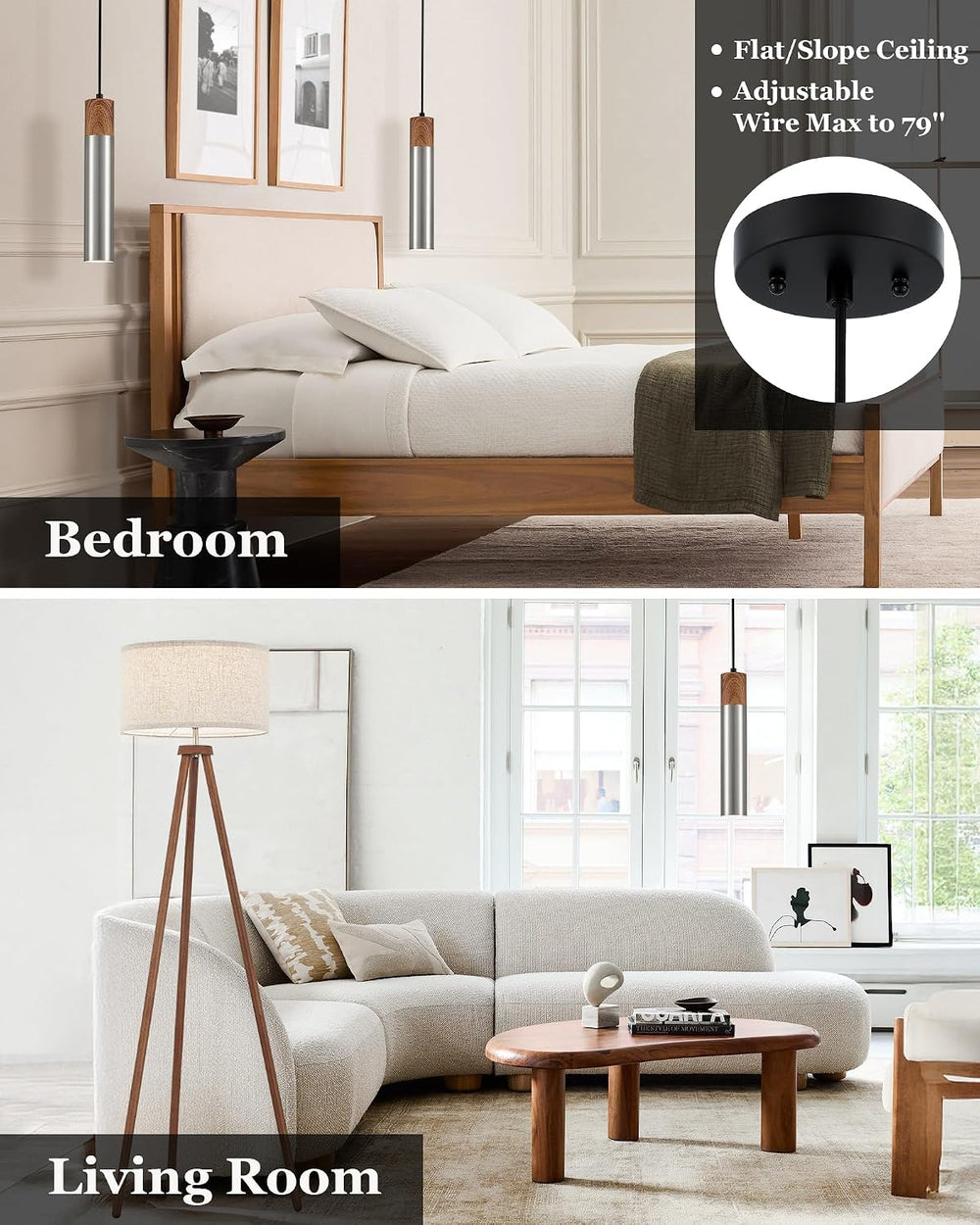 ELYONA Modern Pendant Light for Kitchen Island, Brown Wood Grain & Brushe...