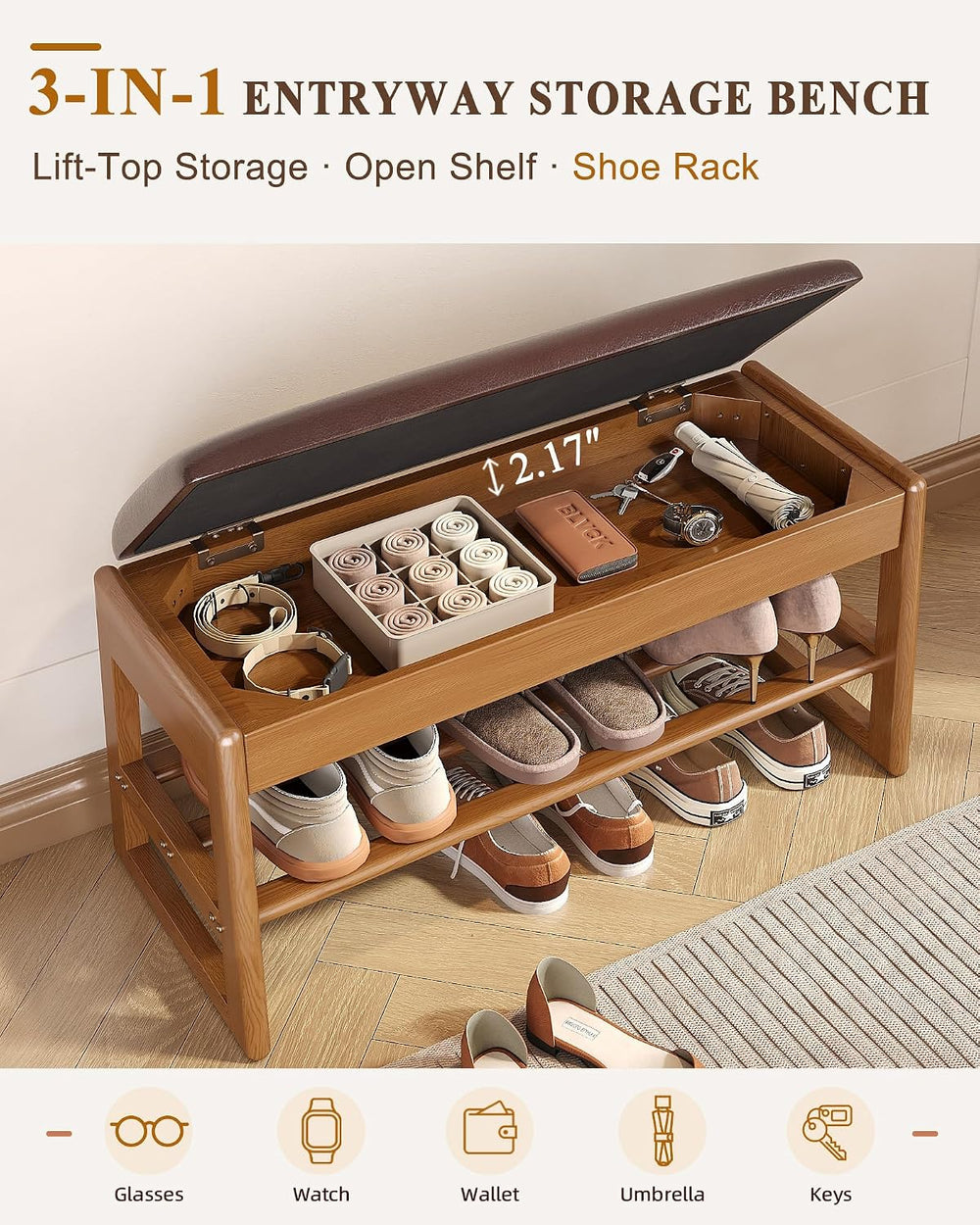 Shoe Rack Bench with Hidden Storage, 2-Tier Solid Rubberwood Entryway Bench w...