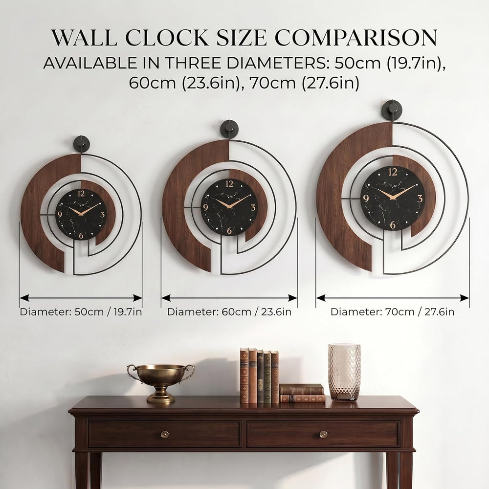 Modern Walnut Marble Dial Wall Clock, Large Wood Metal Frame Silent Non Ticki...