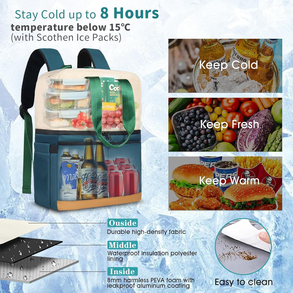 Scothen Backpack Cooler with Double Decker & 12 Ice Packs- Keeps 36 Cans ...