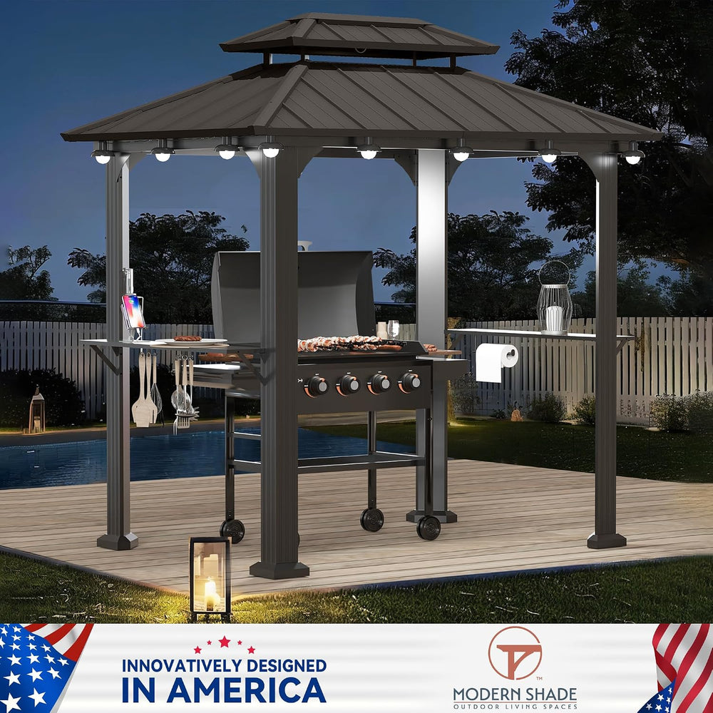 Modern Shade Aluminum Grill Gazebo 6x8 with USB Charging Power Strip, Black