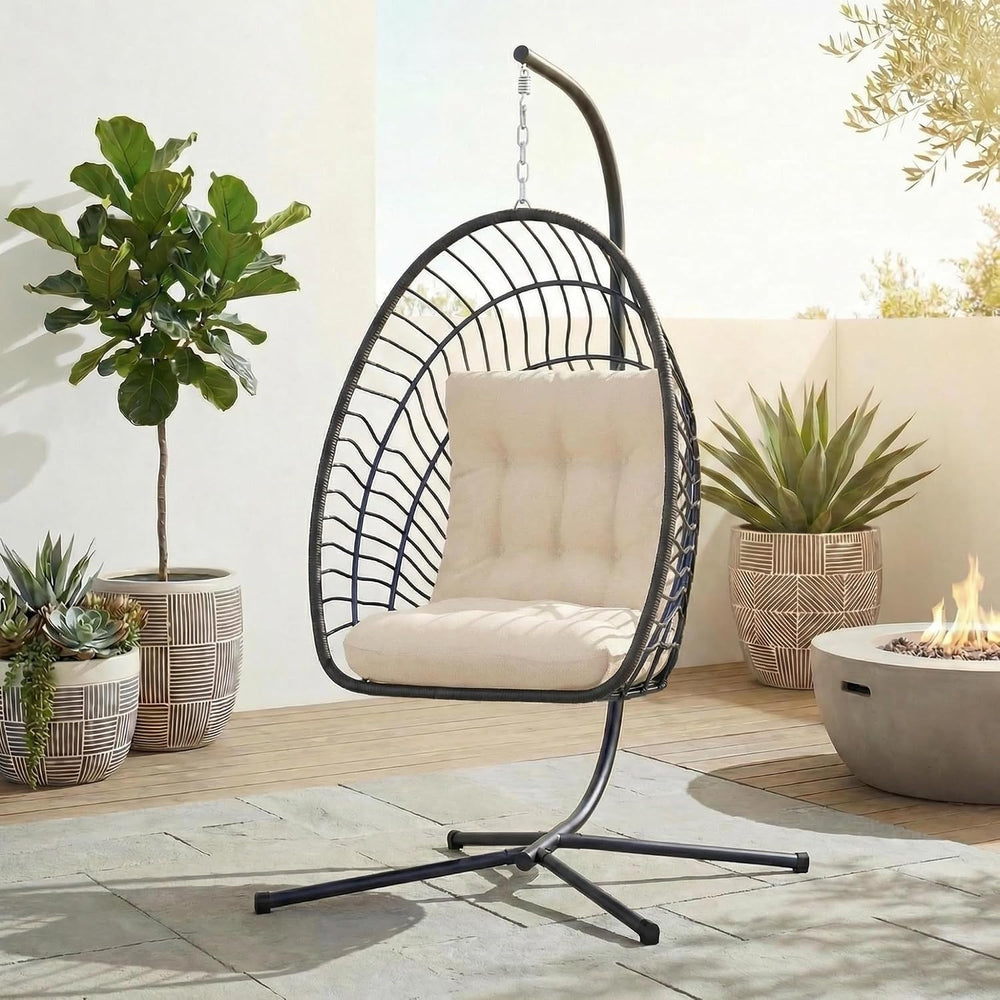 Kingdura Hanging Egg Chair with Stand Indoor Outdoor, Foldable Rattan Wicker ...