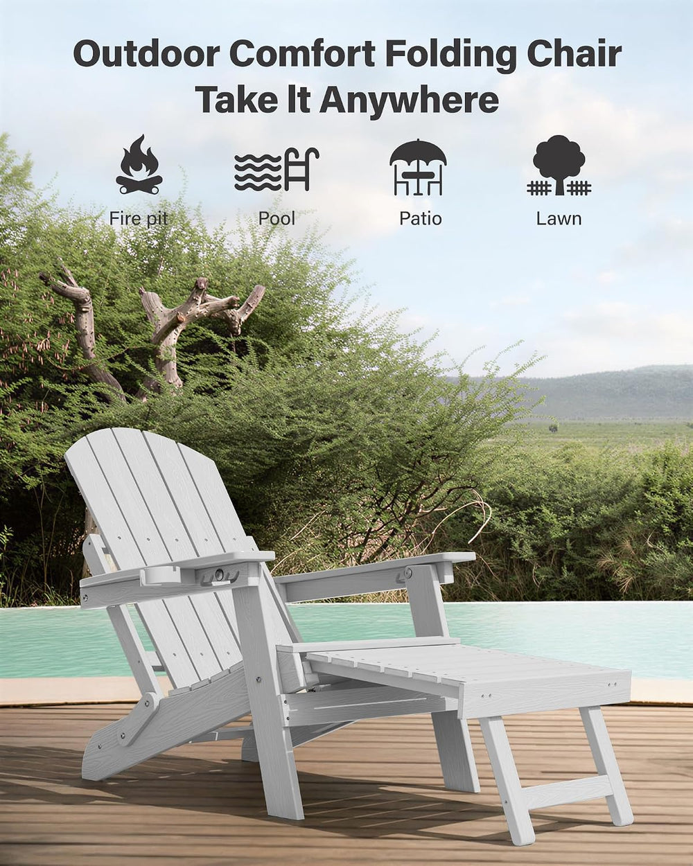 YEFU Adjustable Adirondack Chair with Footrest,All-Weather, Set of 2,White