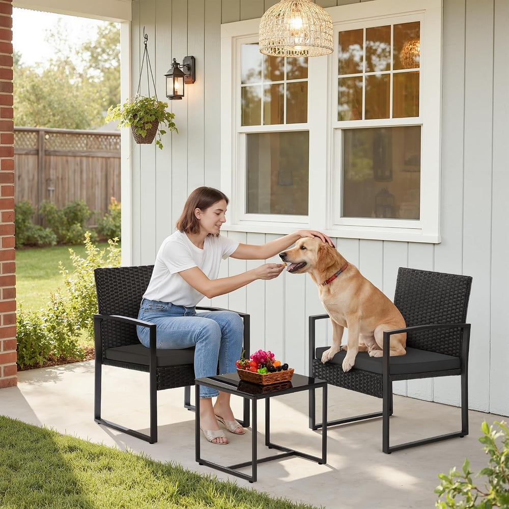 Greesum 3 Piece Wicker Conversation Bistro Sets Outdoor Patio Set(Black)