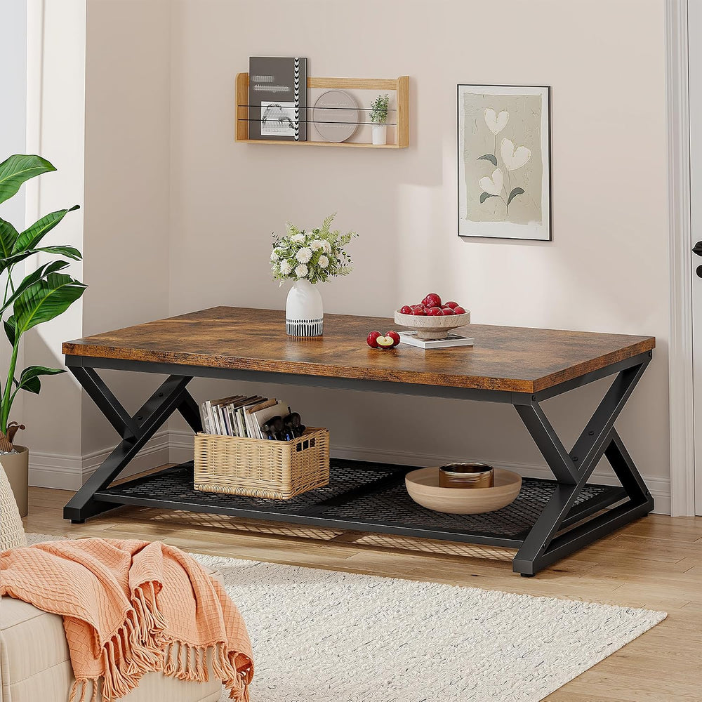 EnHomee Coffee Table, Storage & Shelf, X-Frame Stability, Rustic Brown
