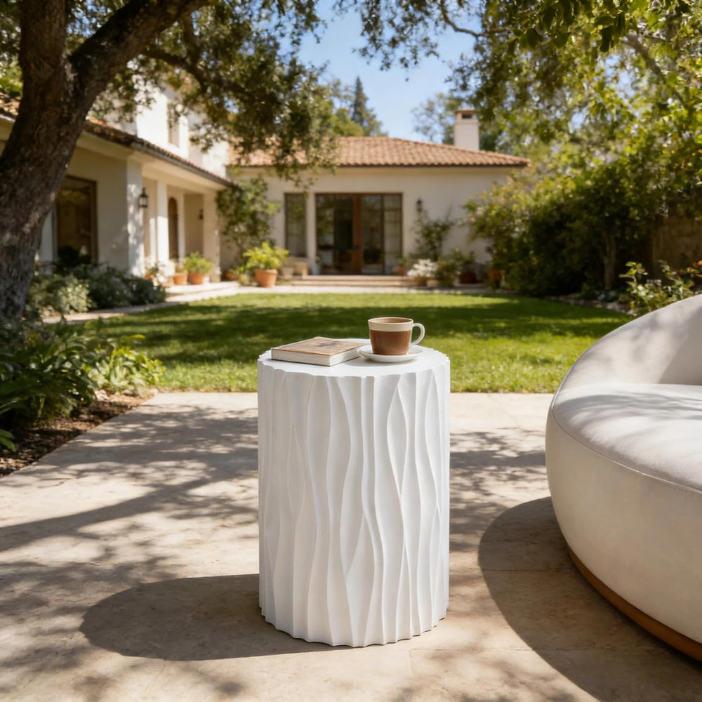 Modern Round Side Table, Outdoor End Table with Wavy Fluted Design, Multi-Use...