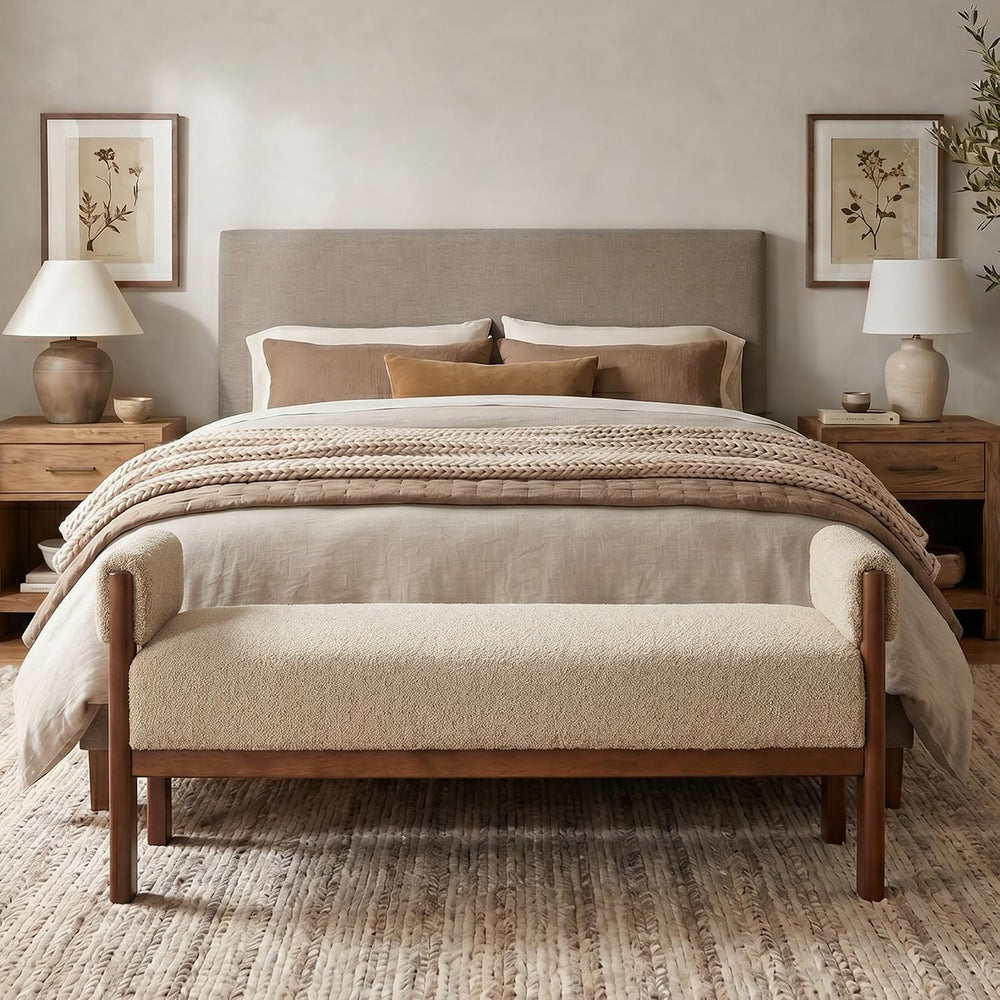 VKNOW 51.8”End of Bed Bench Upholstered Bedroom Bench with Arms, Brown
