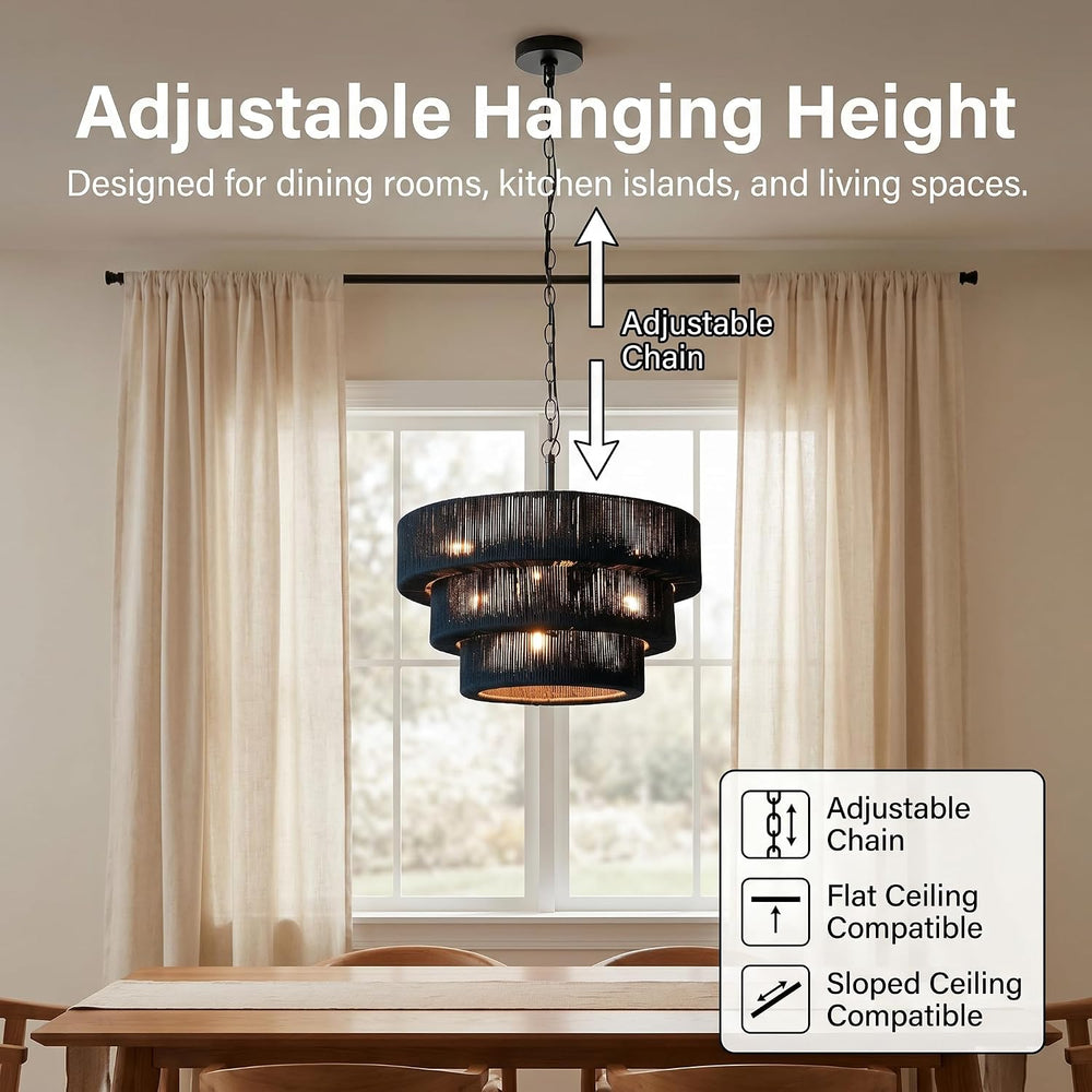 20" 10-Light Boho Black Rattan Chandelier, 3-Layer Coastal Farmhouse Han...