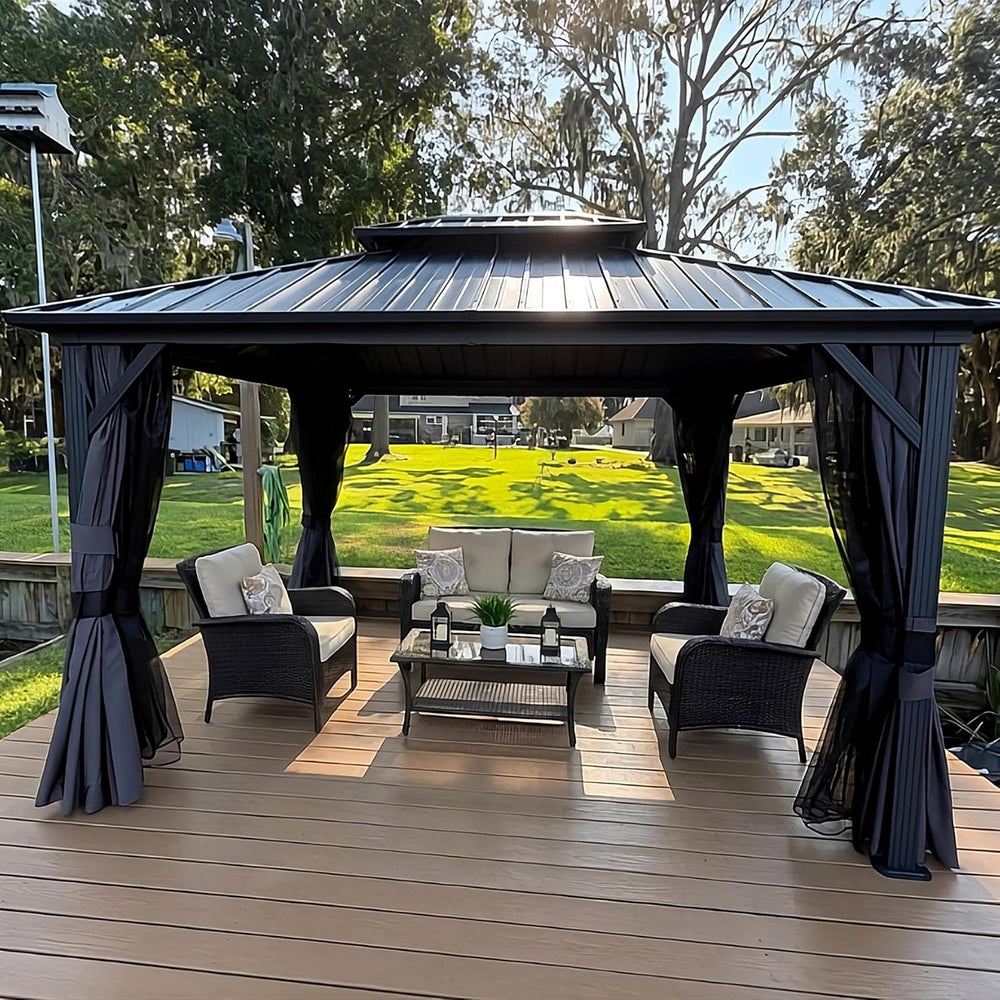 PURPLE LEAF Hardtop Gazebo 10' x 12' Aluminum with Privacy Curtain, Grey
