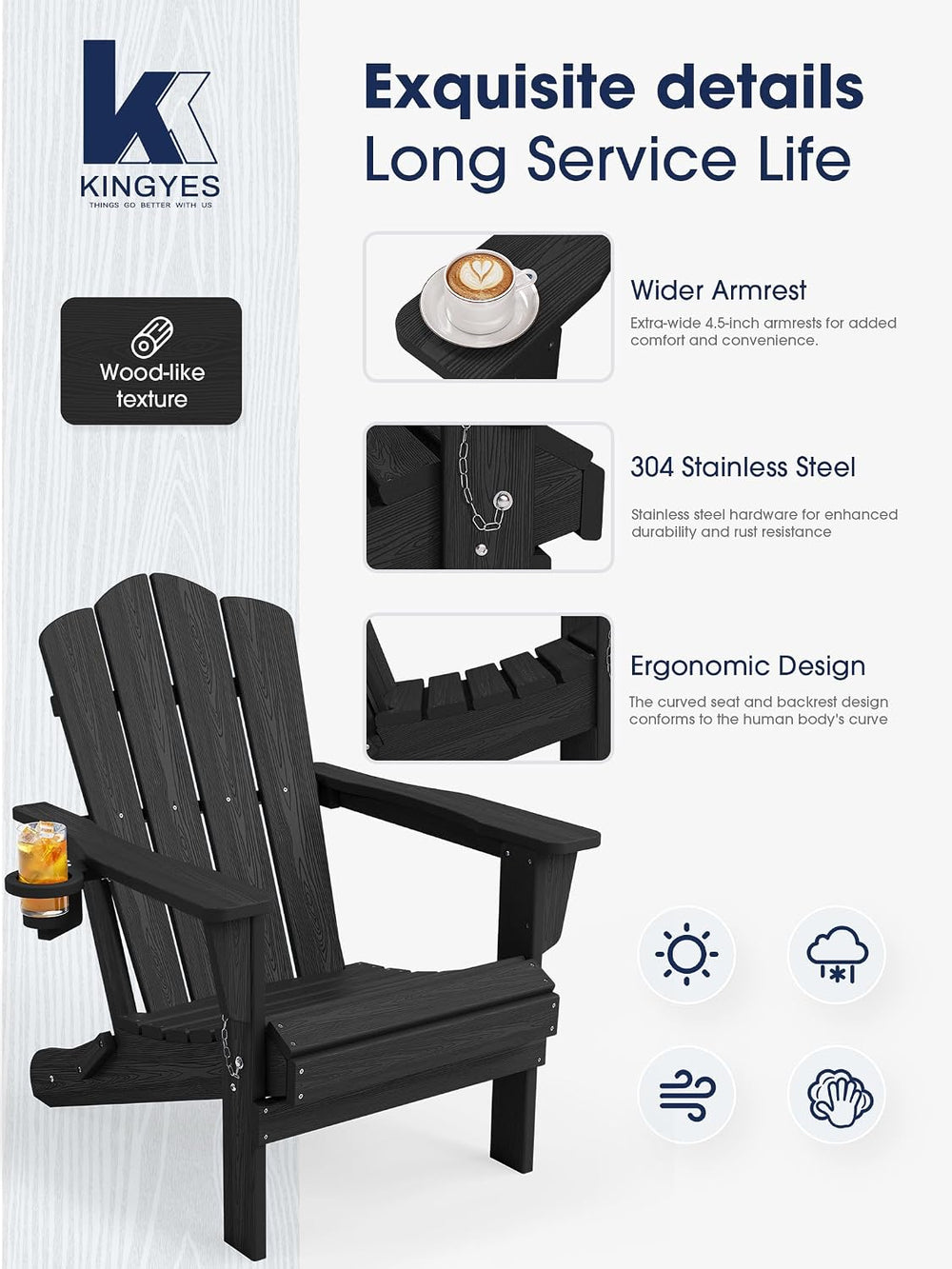 KINGYES Folding Adirondack Chair, All-Weather HDPE Material, Black, 8 Pack (4...
