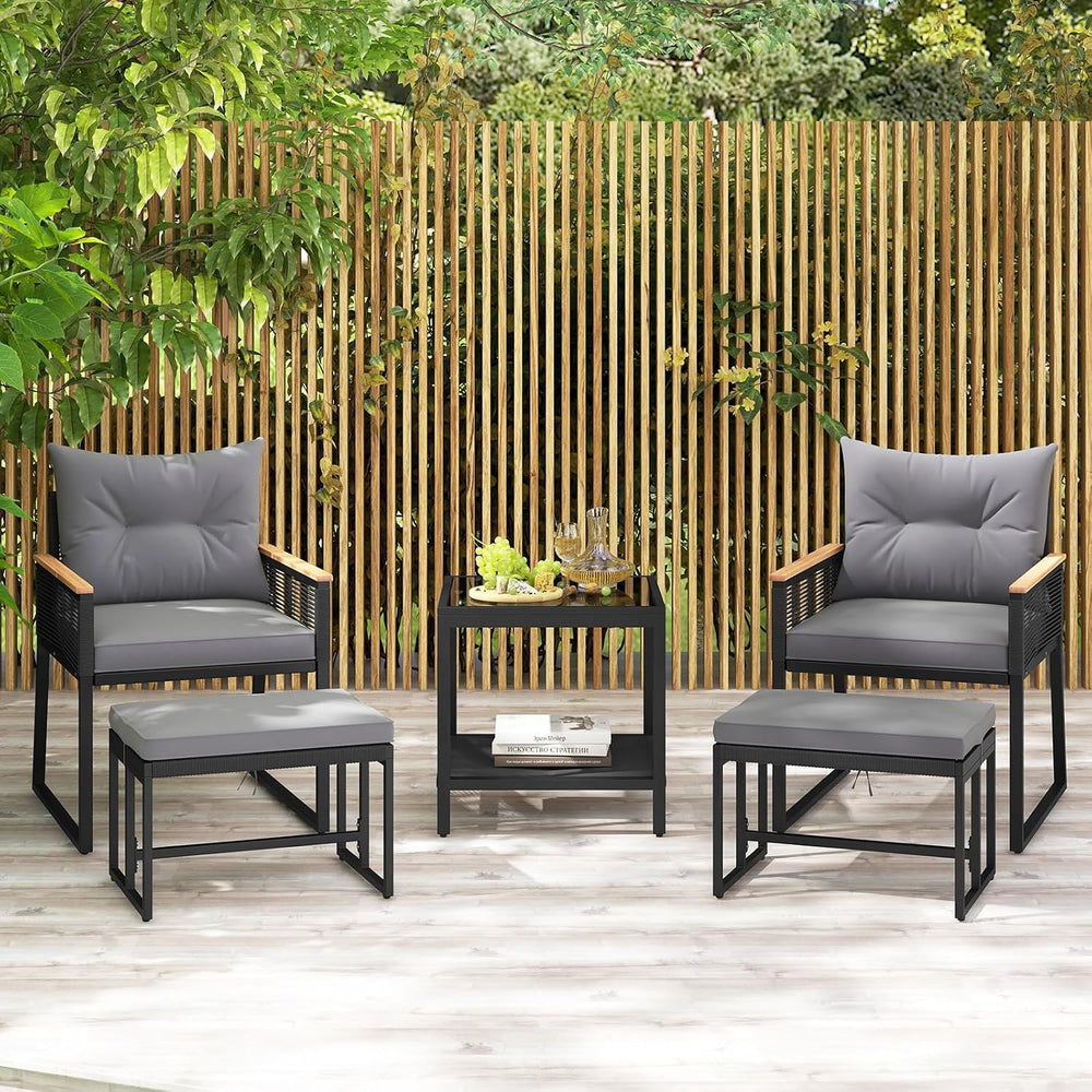 HAPPYGRILL 5 Piece Patio Conversation Set PE Rattan Wicker Chairs with 2 Otto...