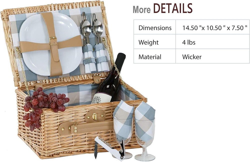 Boothbay Two Person Picnic Basket Willow Picnic Basket with Two Plates/Flatwa...