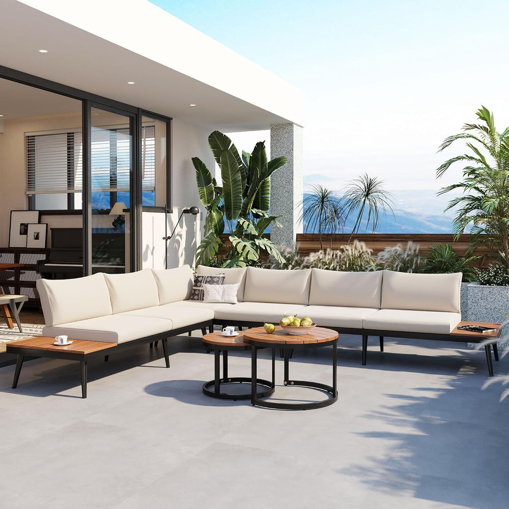 Modern Outdoor Sectional Sofa Set with Round Nesting Coffee Tables and Cushio...