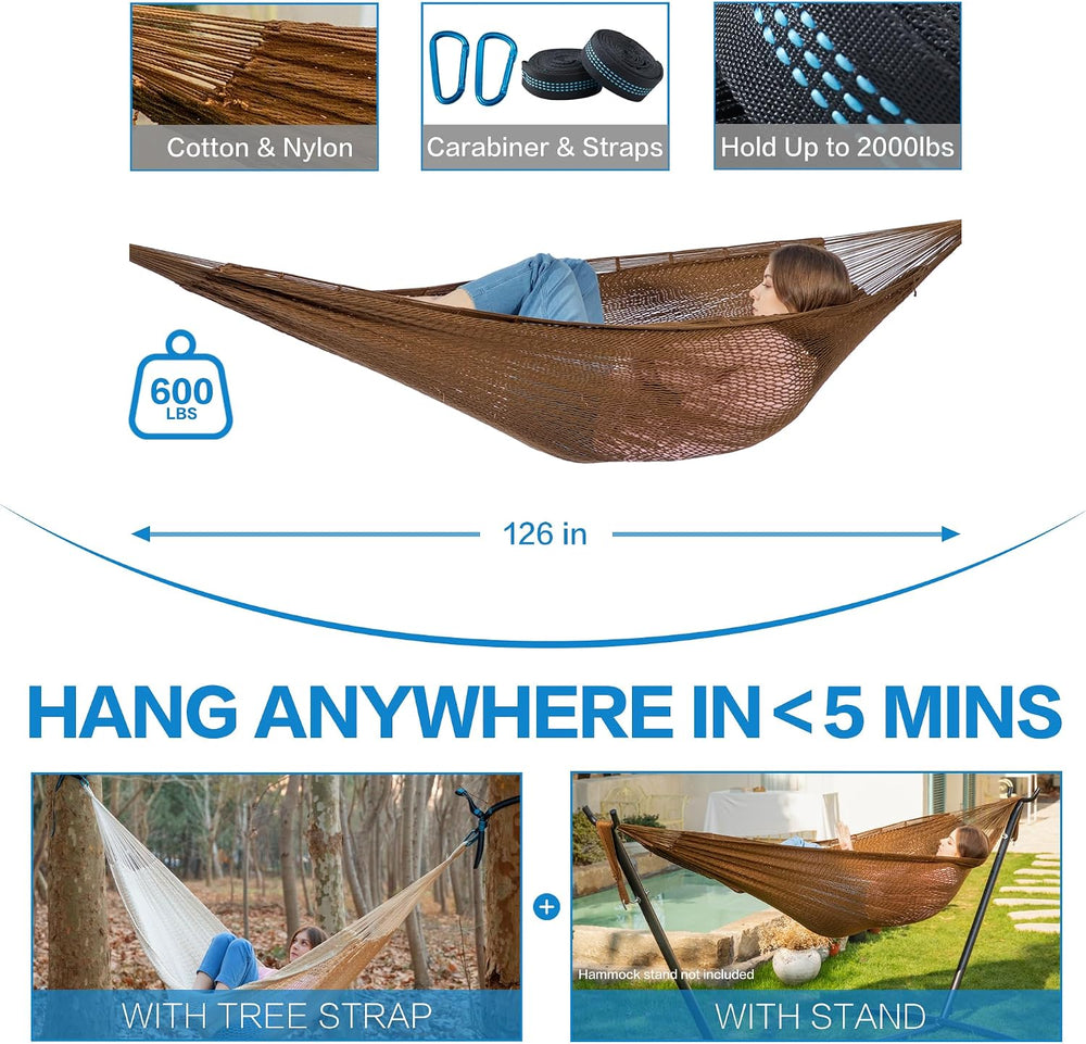 PNAEUT Handwoven Rope Mayan Hammock for Outside, 600 lbs Capacity
