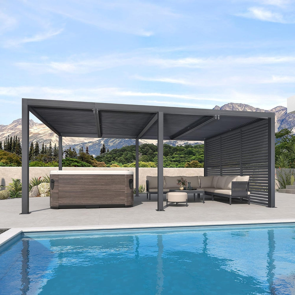 PURPLE LEAF Louvered Pergola 12' x 20' 94AS w/ 1W Side Shutter Wall Gray